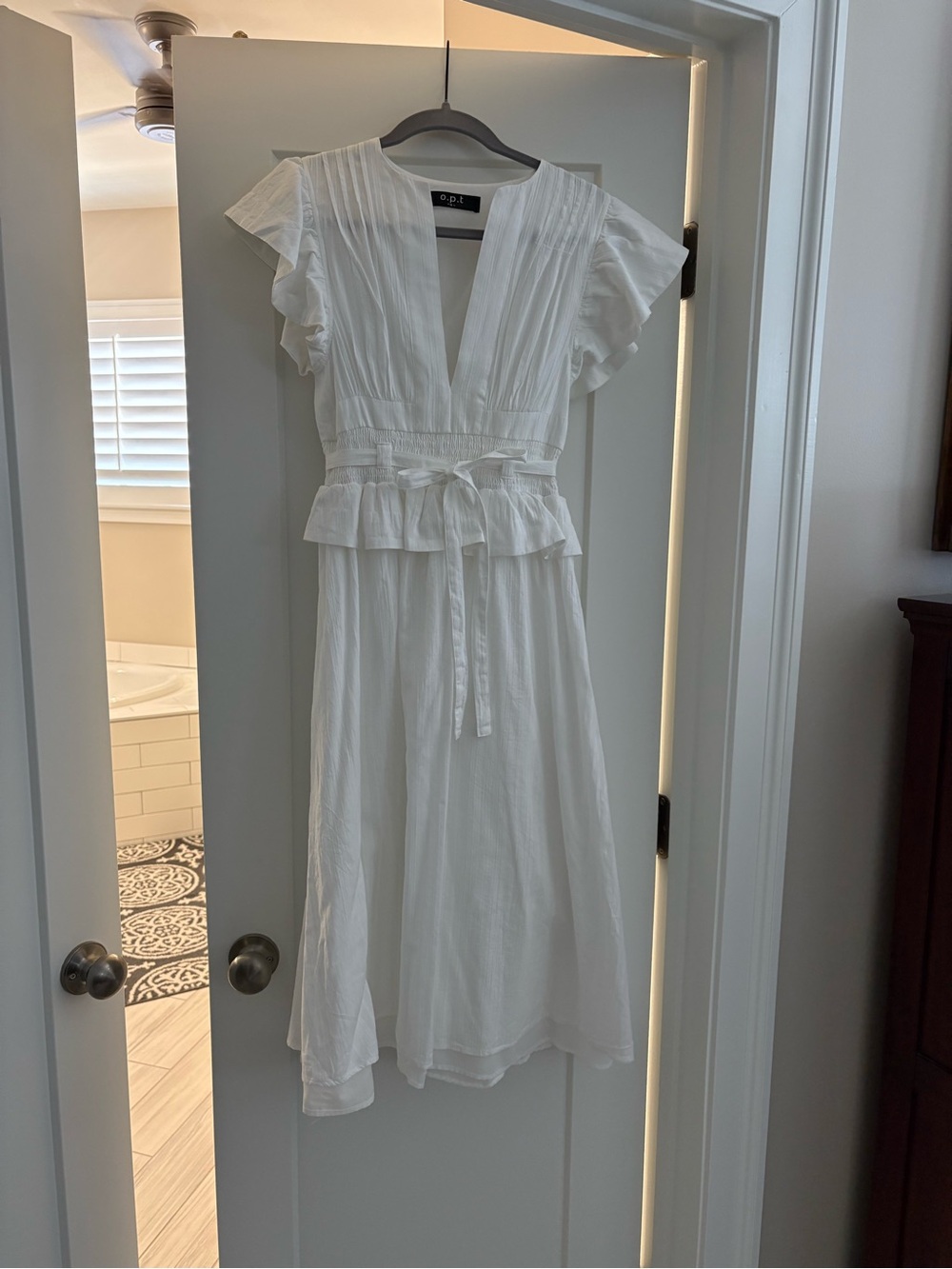 White V-Neck Ruffle Sleeve Midi Dress with Waist Tie